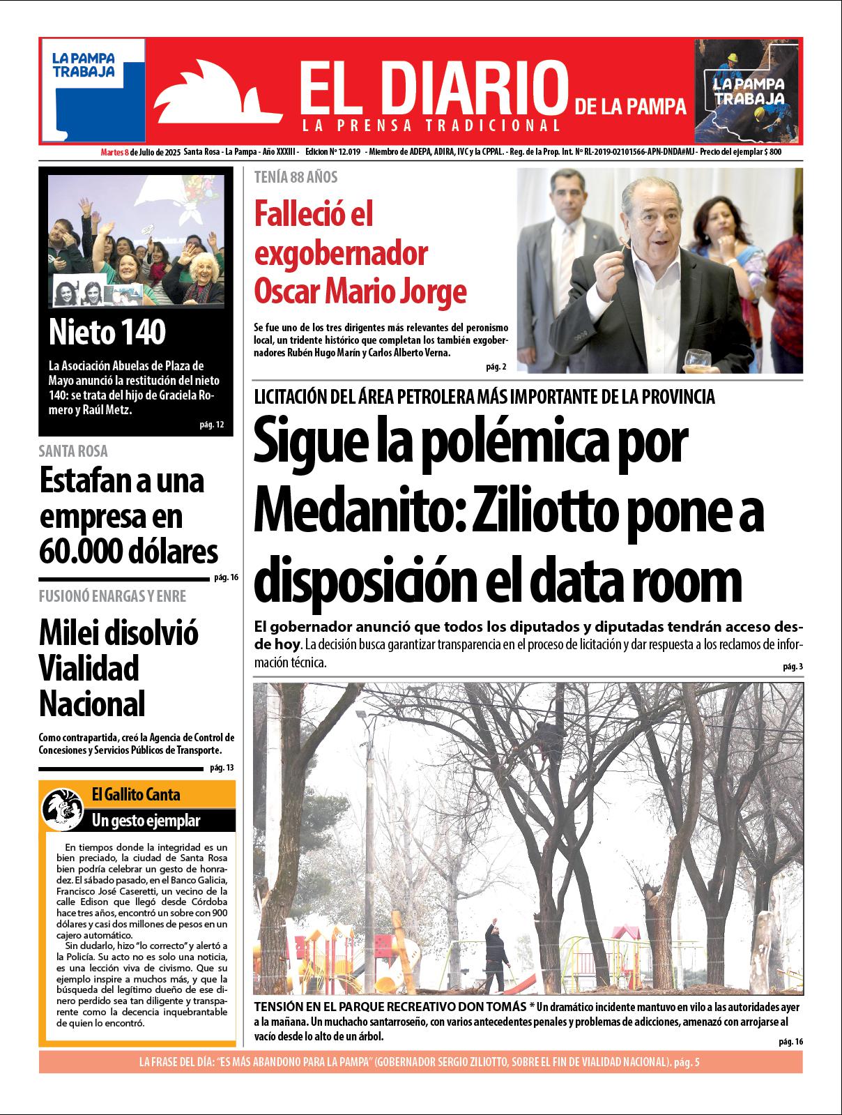 Tapa de El Diario en papel  martes 08 de julio de 2025